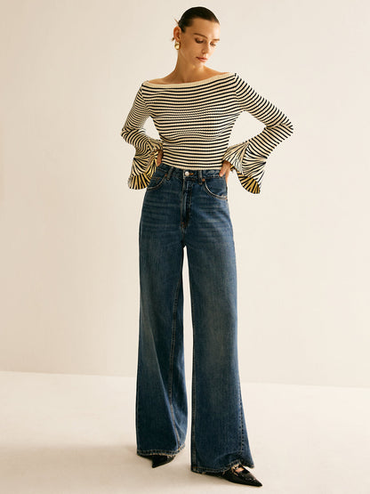 Striped Ruffle-Sleeve Knit Üst