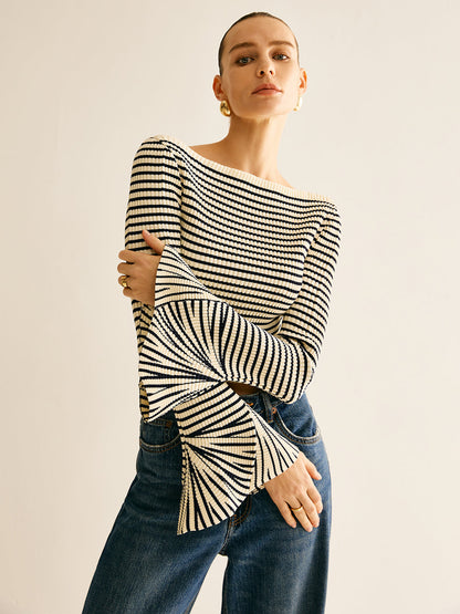 Striped Ruffle-Sleeve Knit Üst