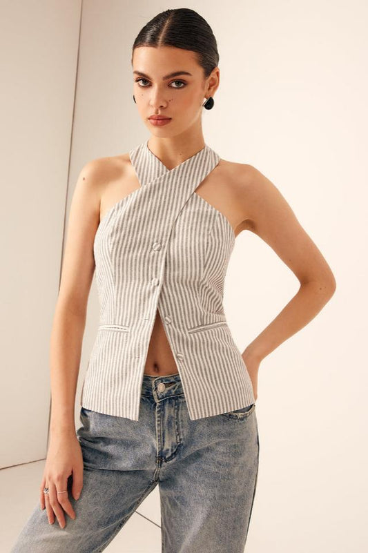 Cotton & Linen Pinstripe Slim Halter Üst