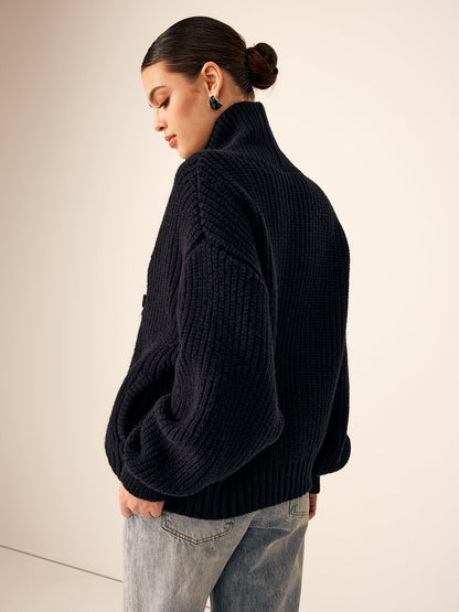 Ribbed Lapel Button Knit Üst