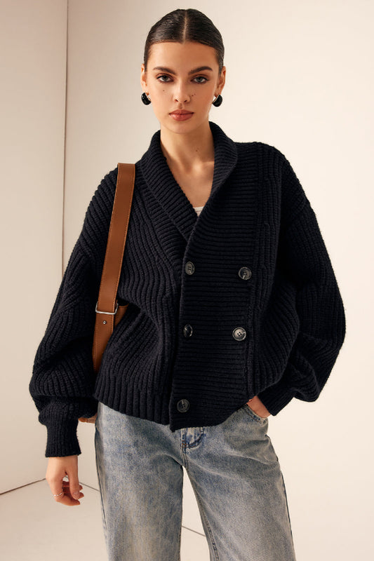 Ribbed Lapel Button Knit Üst