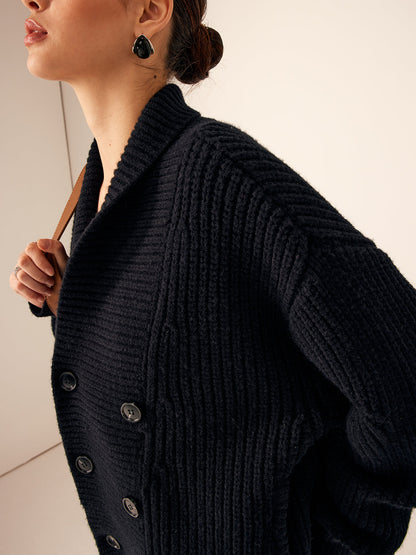 Ribbed Lapel Button Knit Üst