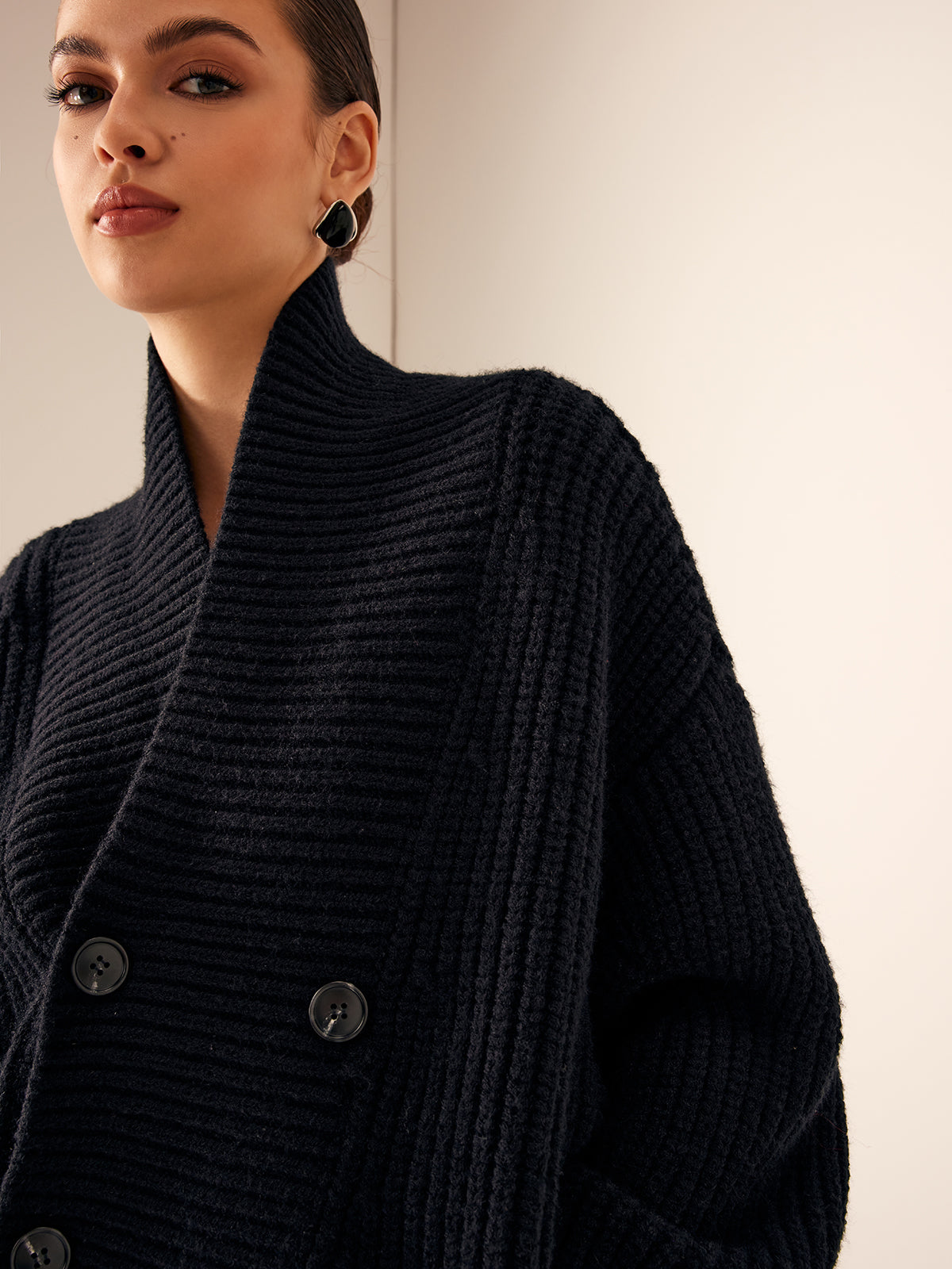 Ribbed Lapel Button Knit Üst