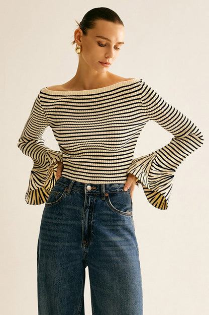 Striped Ruffle-Sleeve Knit Üst