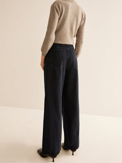 Washed Denim Belted Straight Pants