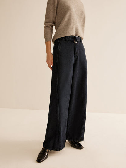 Washed Denim Belted Straight Pants