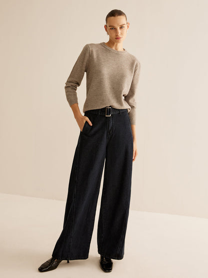 Washed Denim Belted Straight Pants