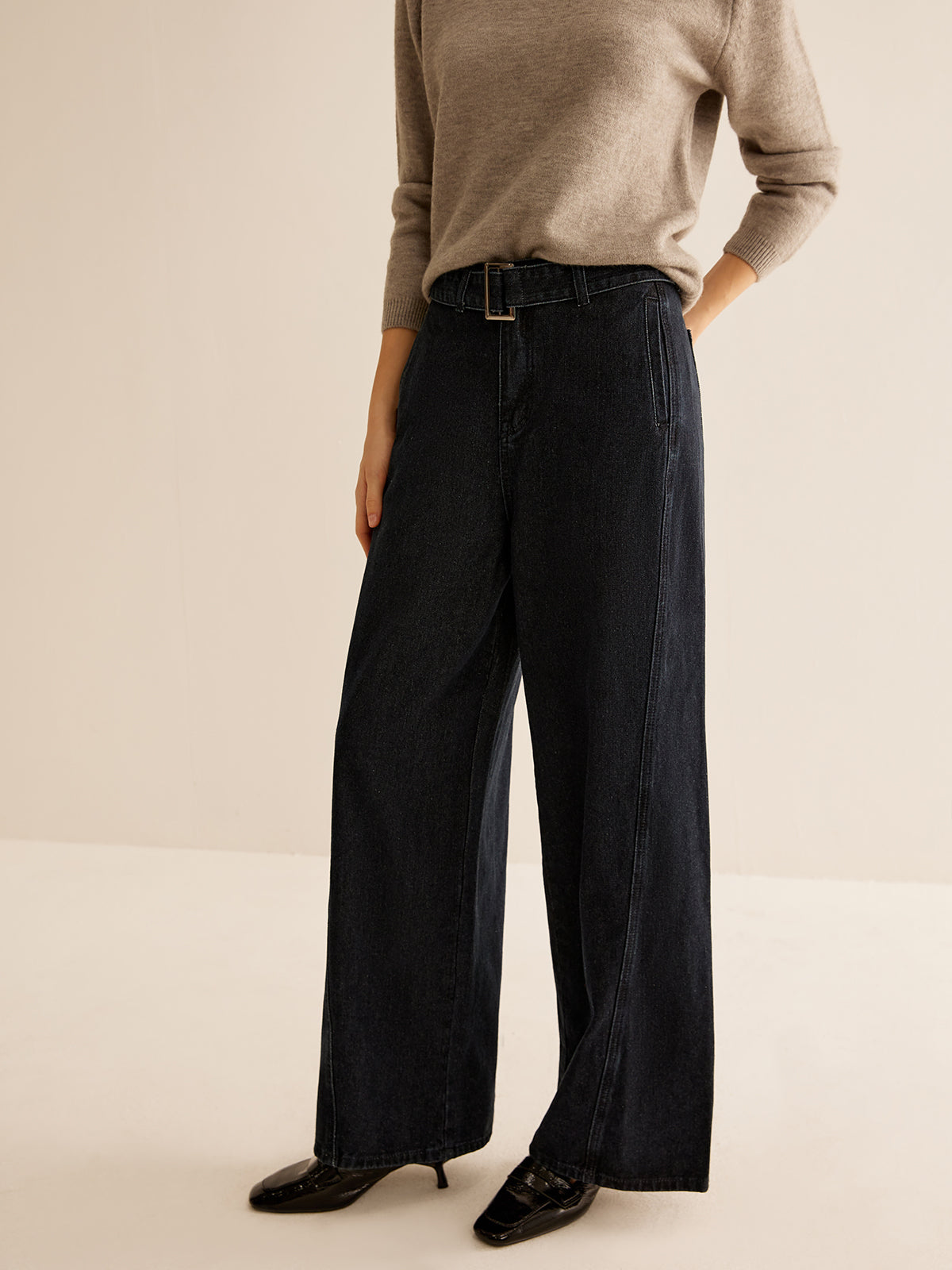 Washed Denim Belted Straight Pants