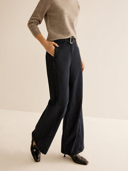 Washed Denim Belted Straight Pants