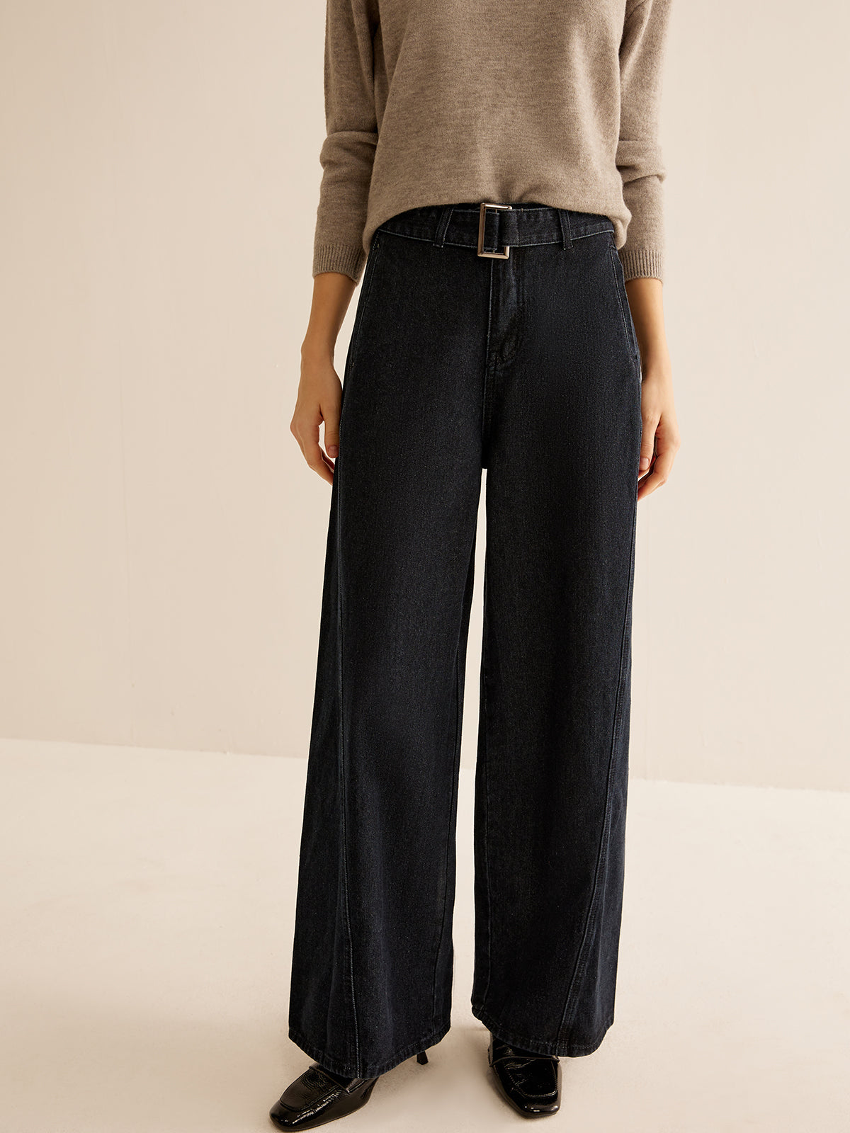 Washed Denim Belted Straight Pants