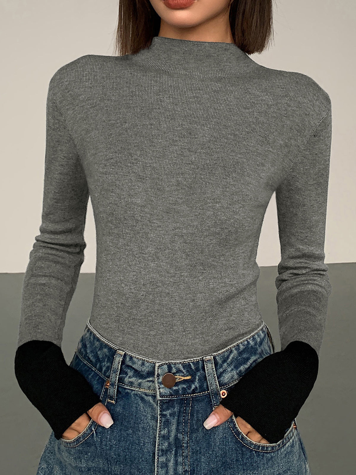 Long Sleeve Contrast Cuff Knit Üst