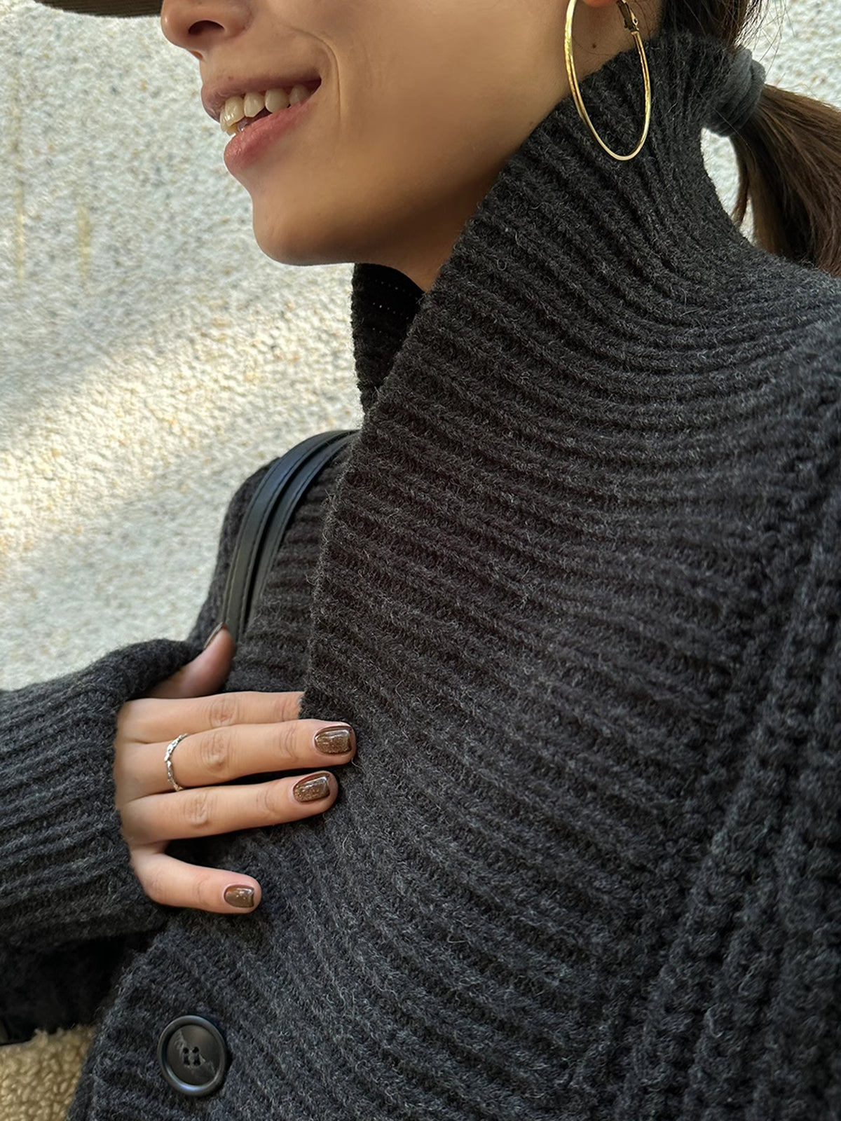 Ribbed Lapel Button Knit Üst