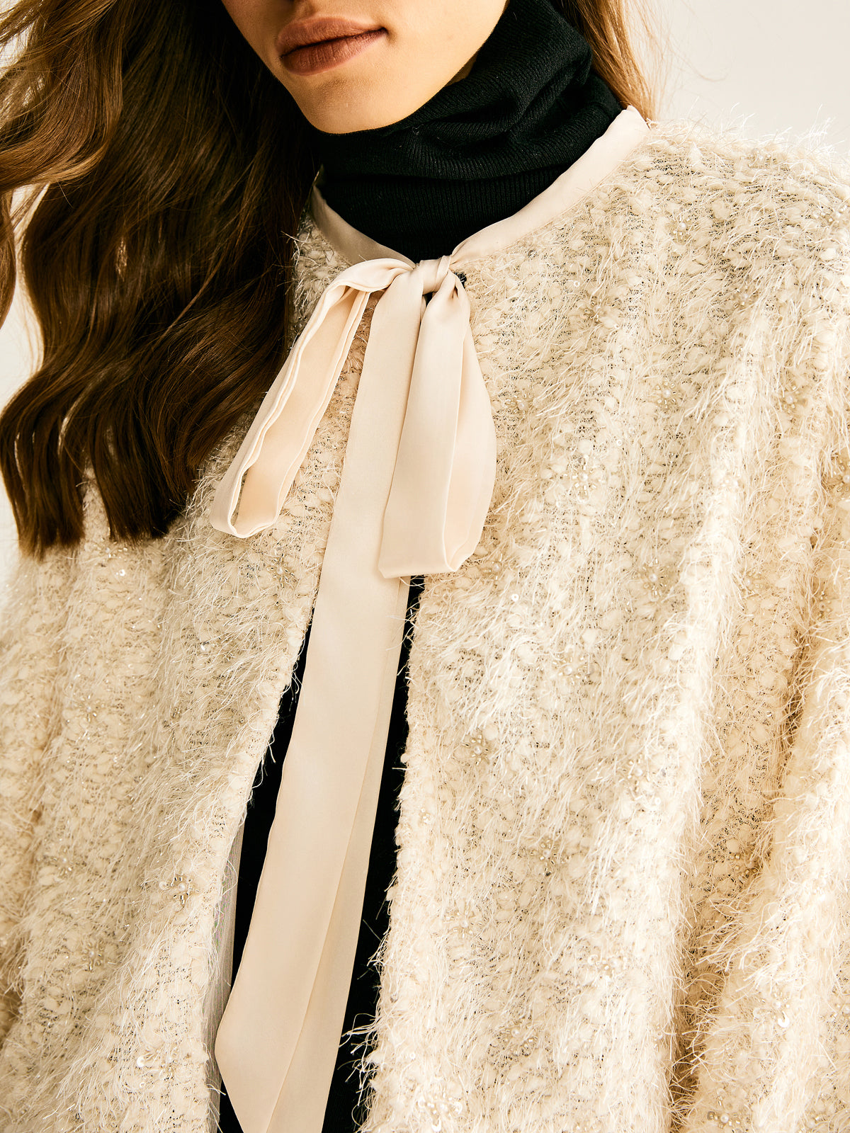 Tie Neck Fuzzy Blazer Ceket