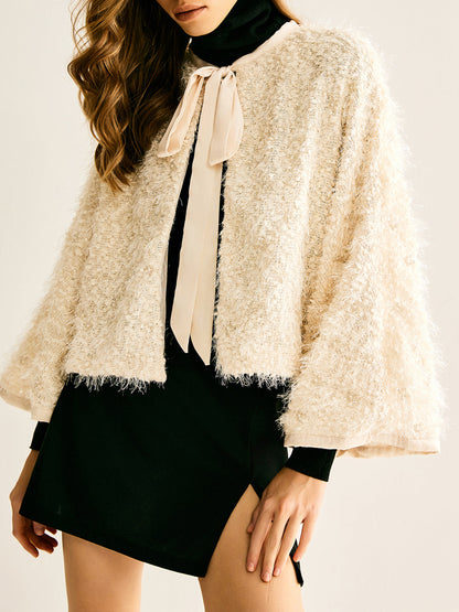 Tie Neck Fuzzy Blazer Ceket