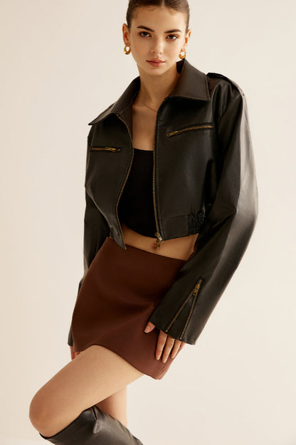 Versatile Crop Faux Leather Ceket