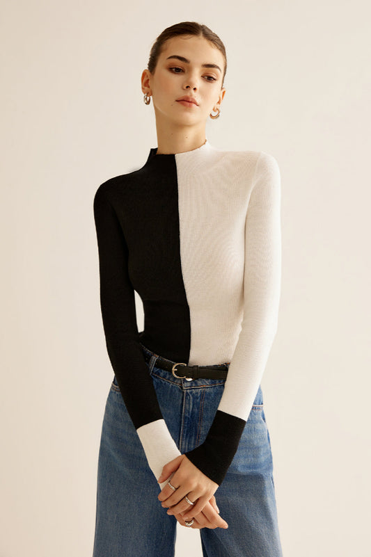 Wool-Blend Two Tone Skinny Knit Üst