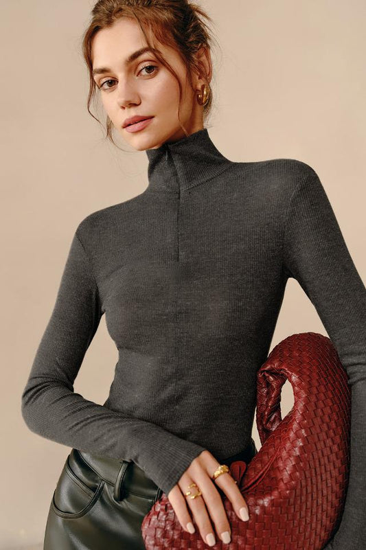 Turtleneck Ribbed Zipper Bluz