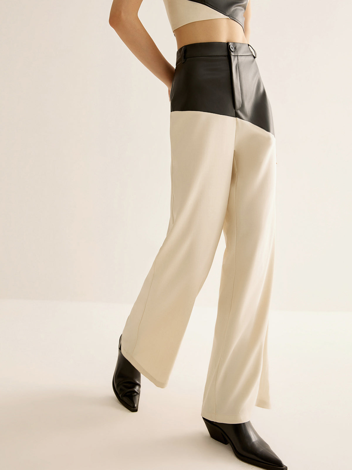 Color Block Faux Leather Pantolon