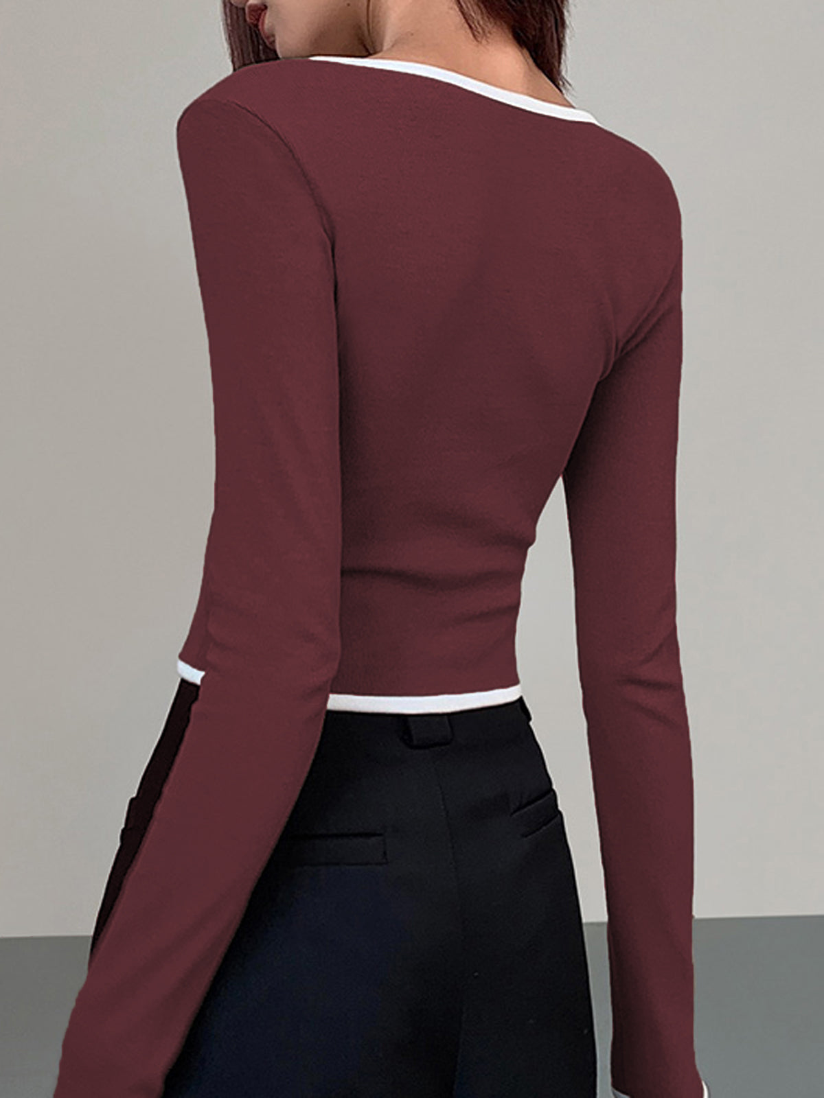 Square Neck Contrast Trim Long Sleeve Knit Üst