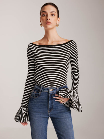 Striped Ruffle-Sleeve Knit Üst