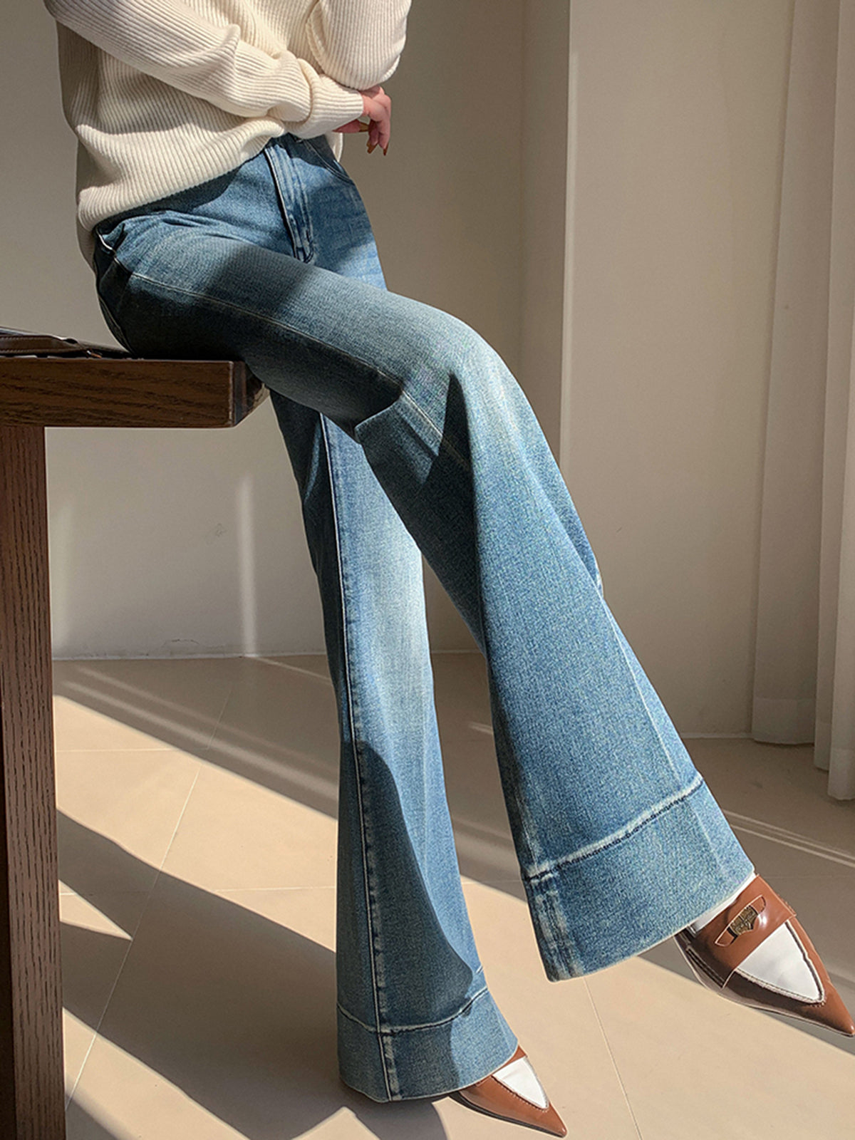 Washed Slim Draped Denim Pantolon