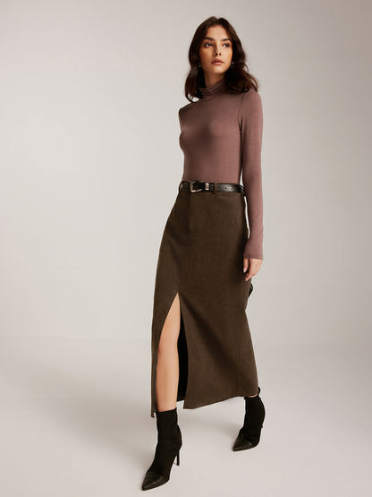 Corduroy Split Belted Midi Etek