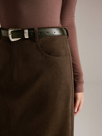 Corduroy Split Belted Midi Etek