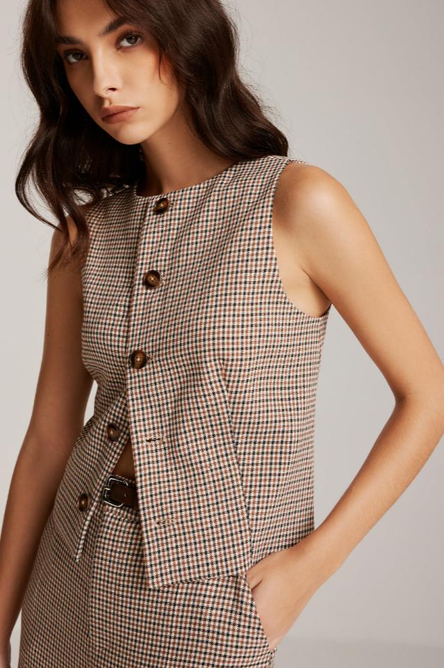 Elegant Plaid Button Yelek