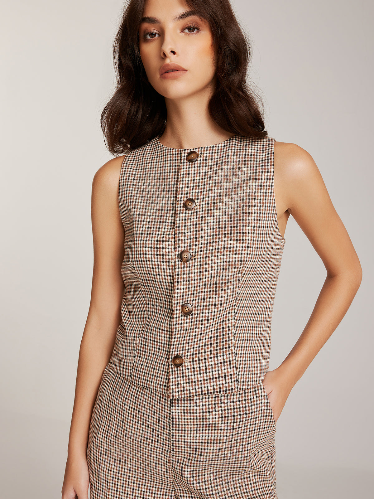 Elegant Plaid Button Yelek