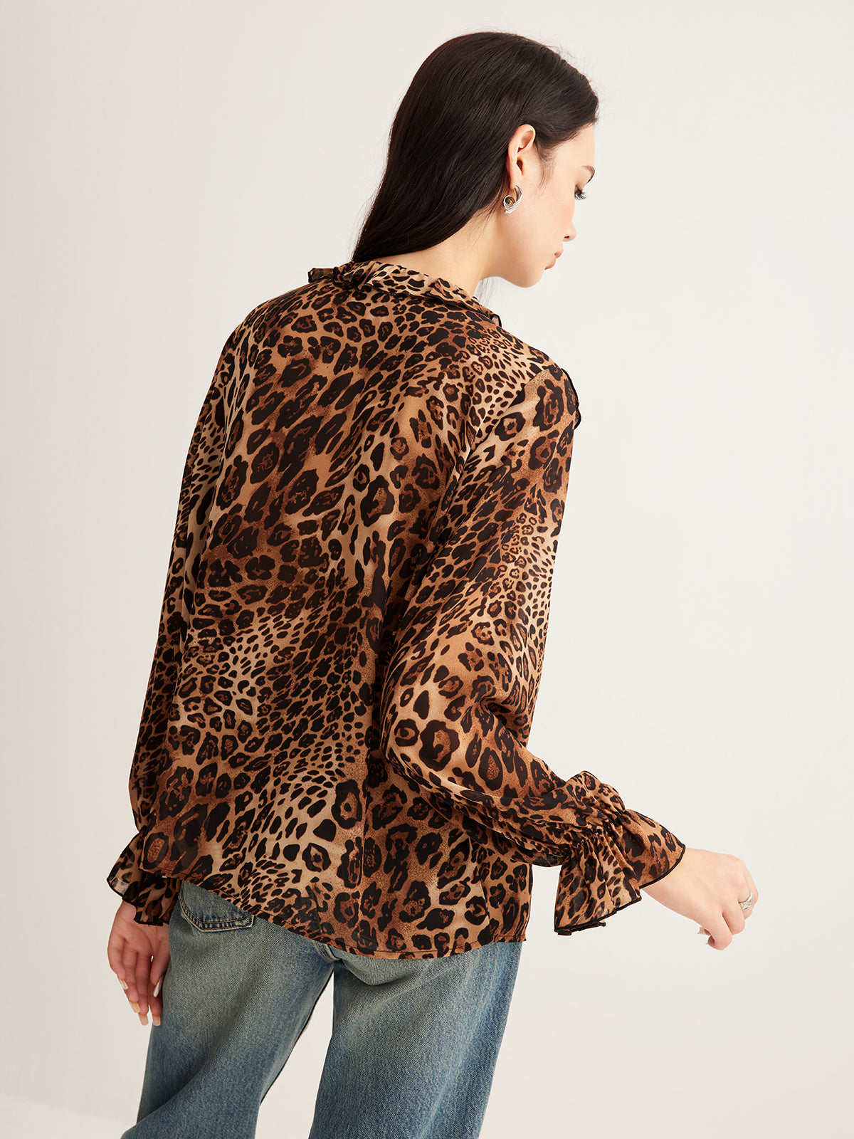 Leopard Printed Ruffle Thin Gömlek