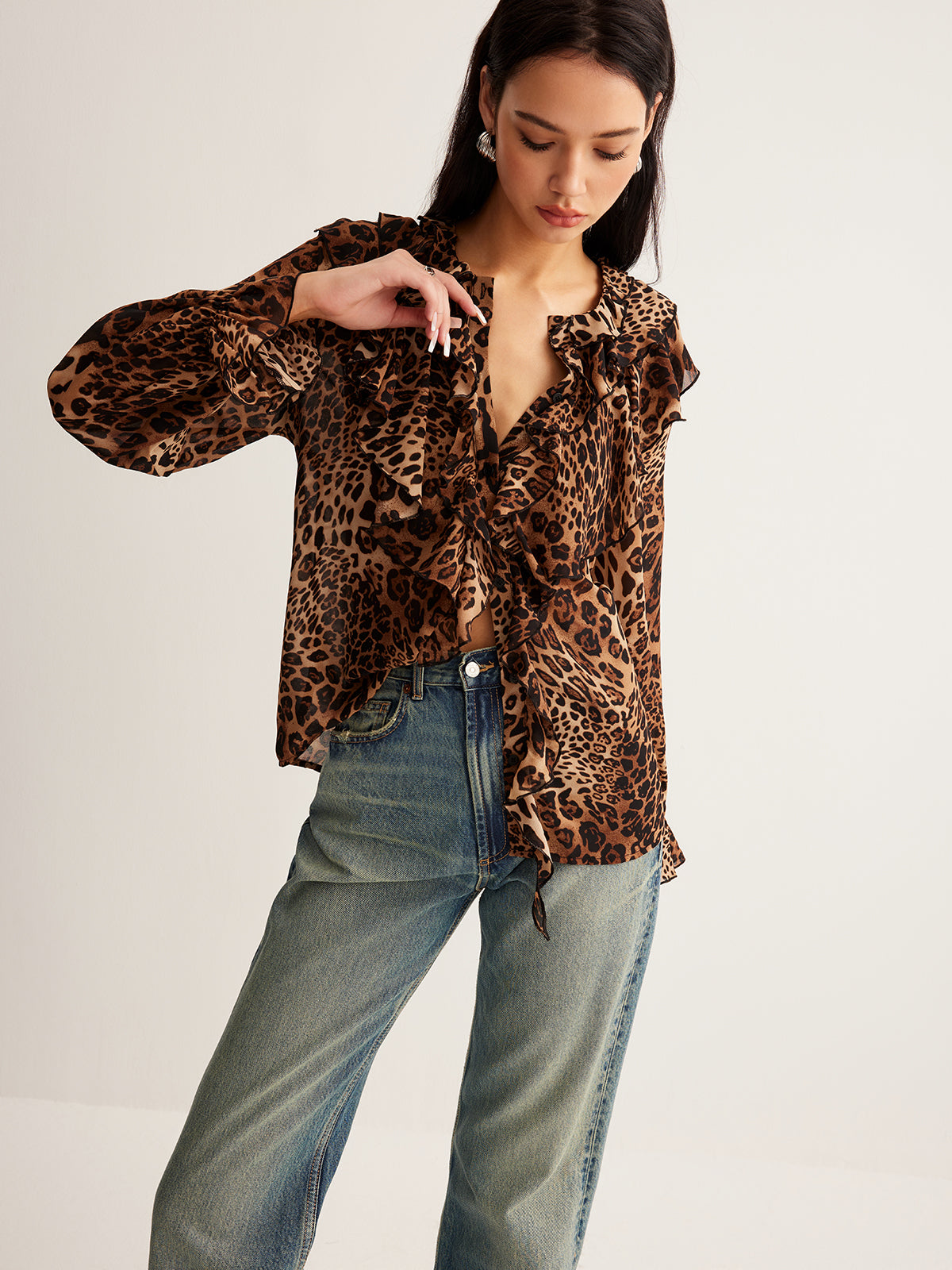 Leopard Printed Ruffle Thin Gömlek