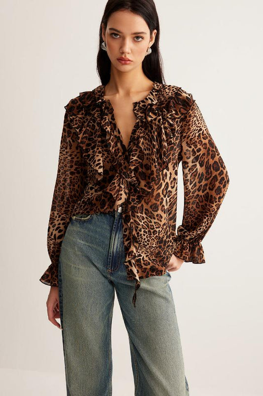 Leopard Printed Ruffle Thin Gömlek