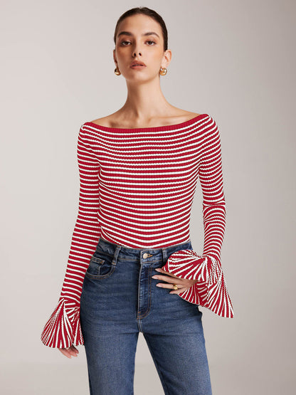 Striped Ruffle-Sleeve Knit Üst