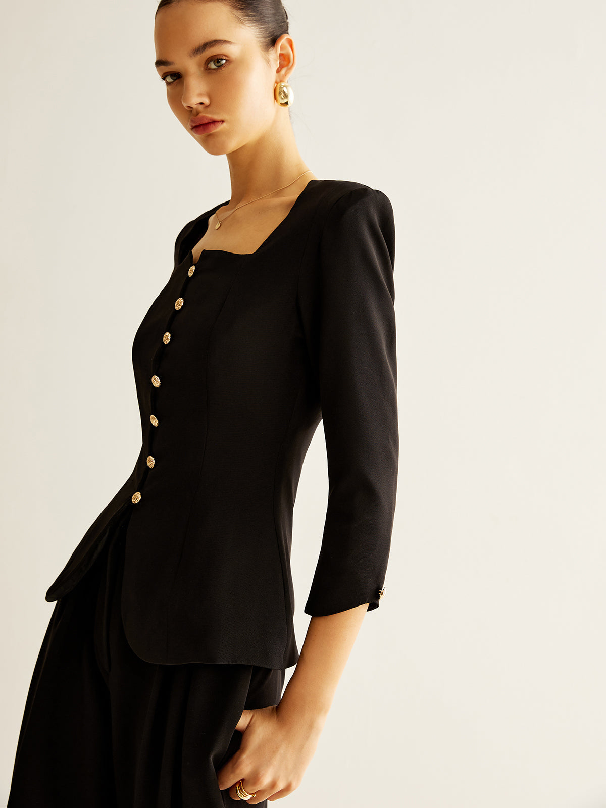 Square Neck Button Down Slit Bluz
