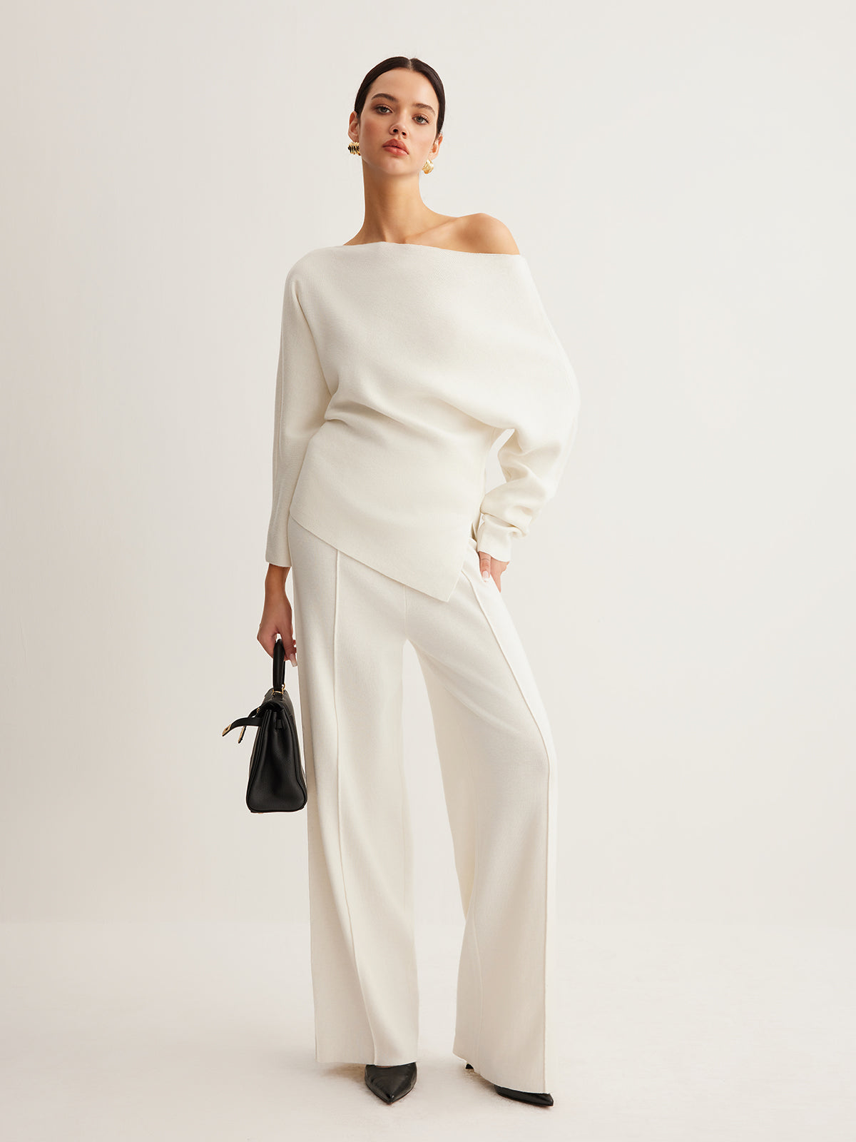 Wool-Blend Asymmetrical Neck Knit Üst