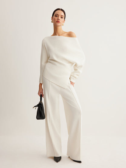 Wool-Blend Asymmetrical Neck Knit Üst