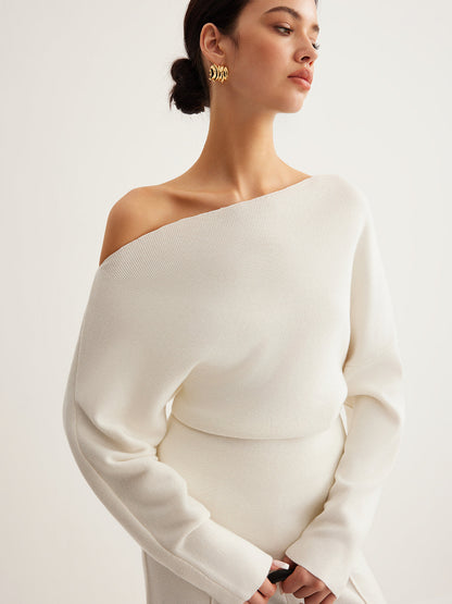 Wool-Blend Asymmetrical Neck Knit Üst