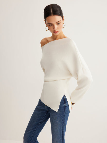 Wool-Blend Asymmetrical Neck Knit Üst