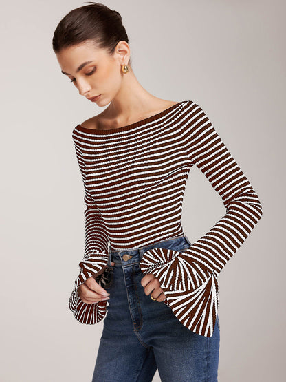 Striped Ruffle-Sleeve Knit Üst