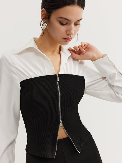 Two-Way Zip Color Block Polo Üst