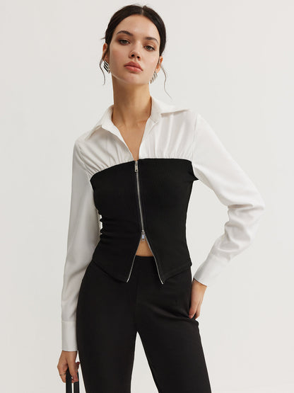 Two-Way Zip Color Block Polo Üst