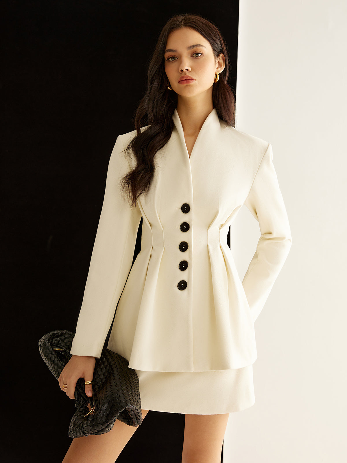 Elegant Pleated Button Blazer Ceket