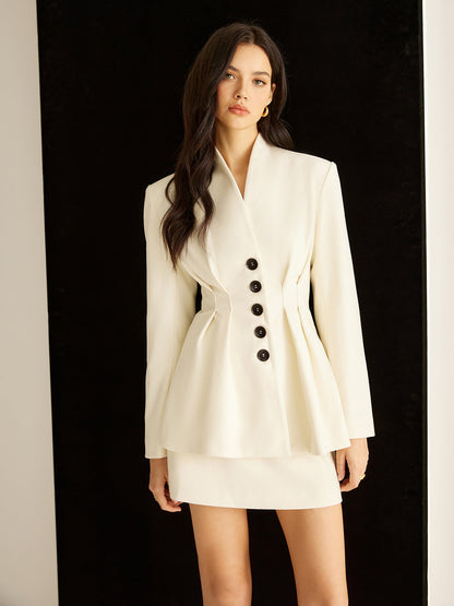 Elegant Pleated Button Blazer Ceket