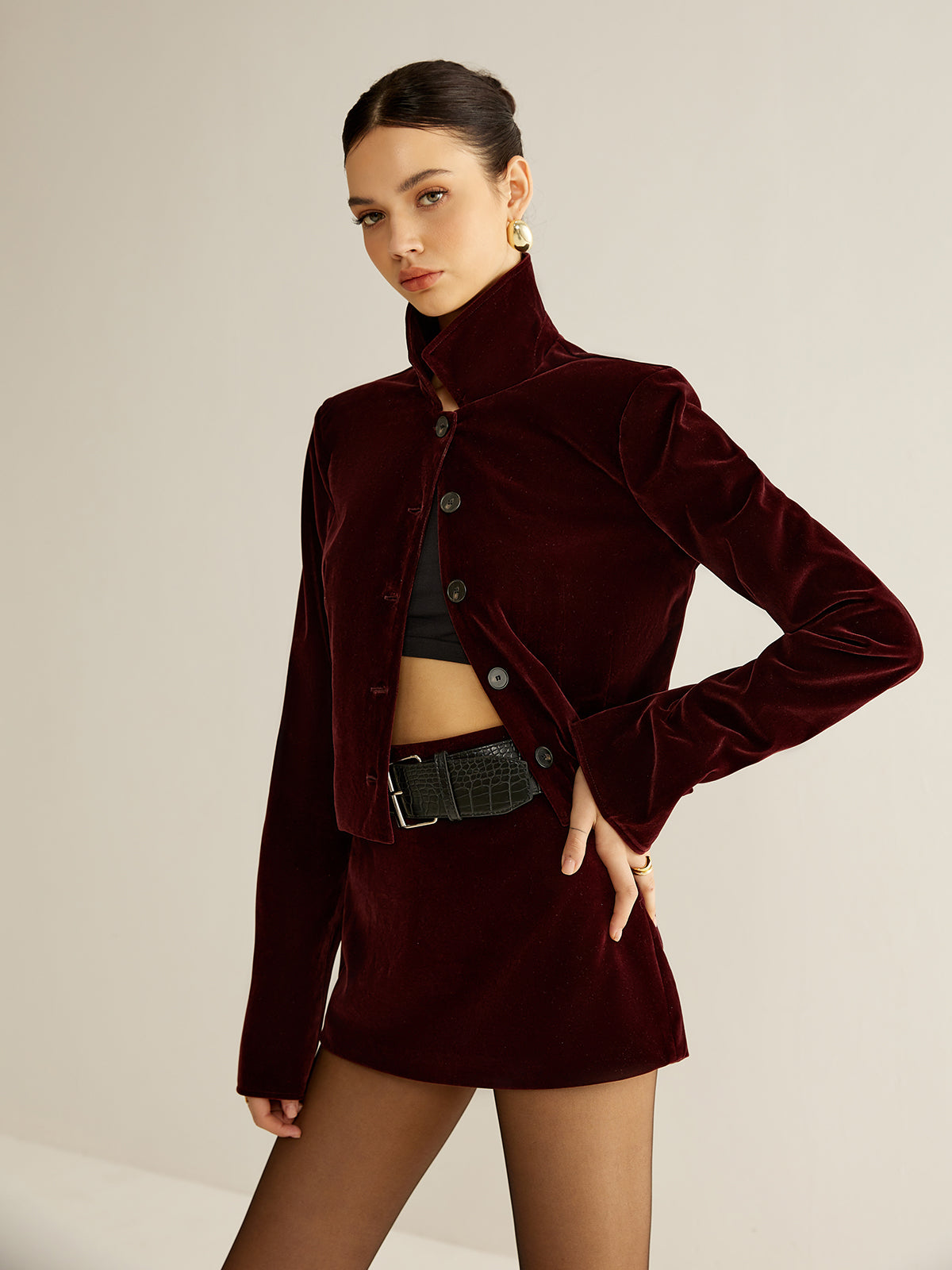 Velvet Lapel Short Blazer Ceket