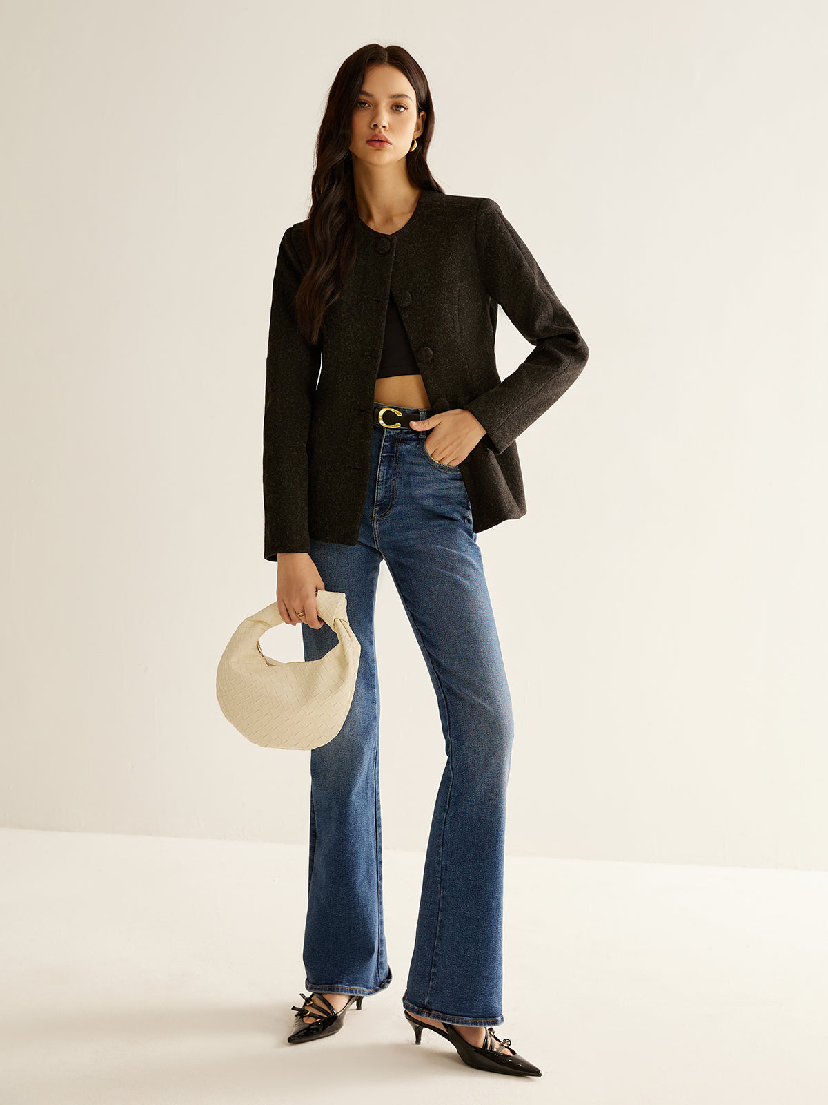 Pleated Button Slim Blazer Without Belt Ceket