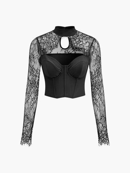 Cutout Lace Panel Corset Bluz