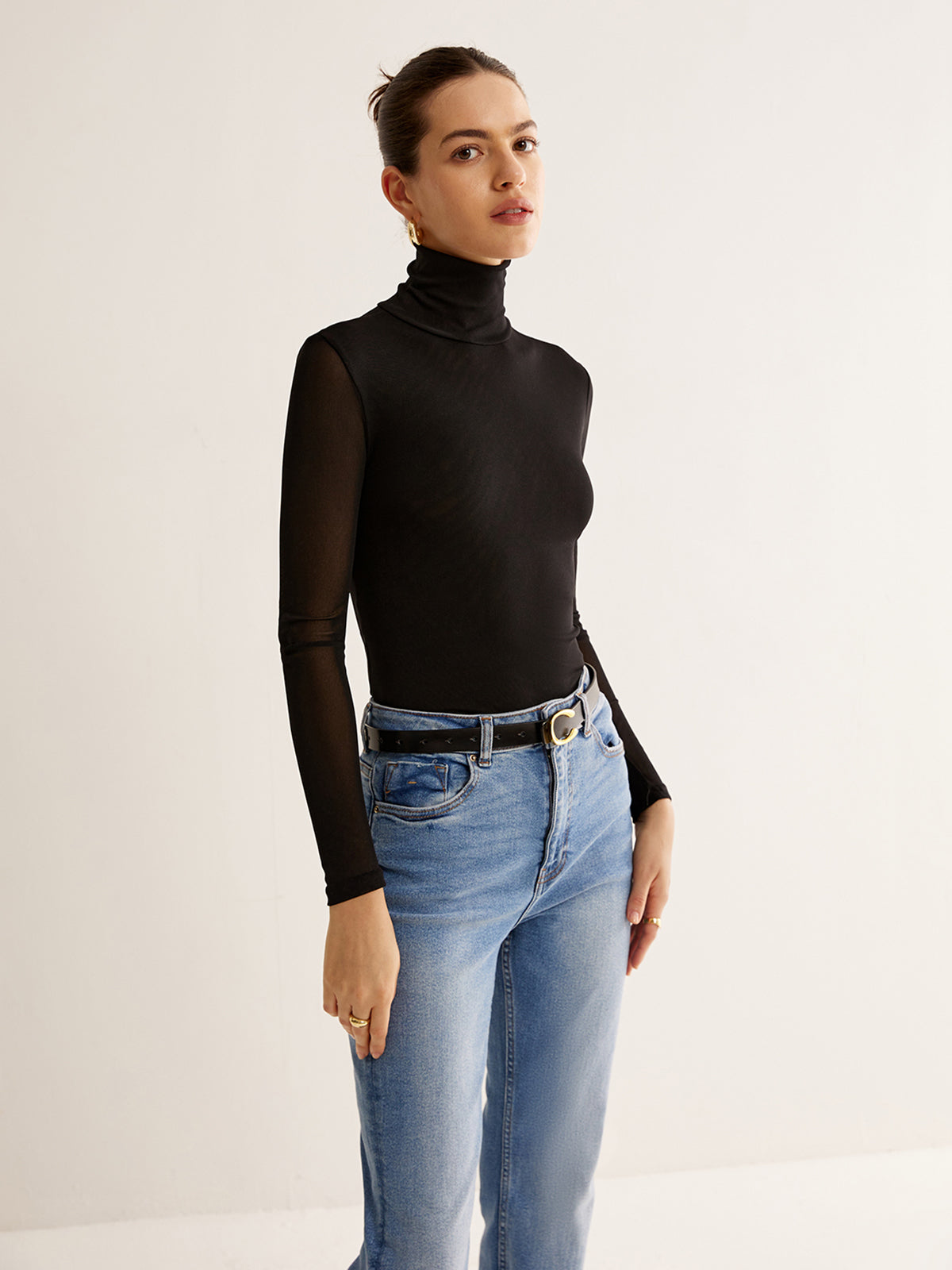 Turtleneck Sheer Sleeve Jersey Üst