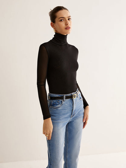 Turtleneck Sheer Sleeve Jersey Üst