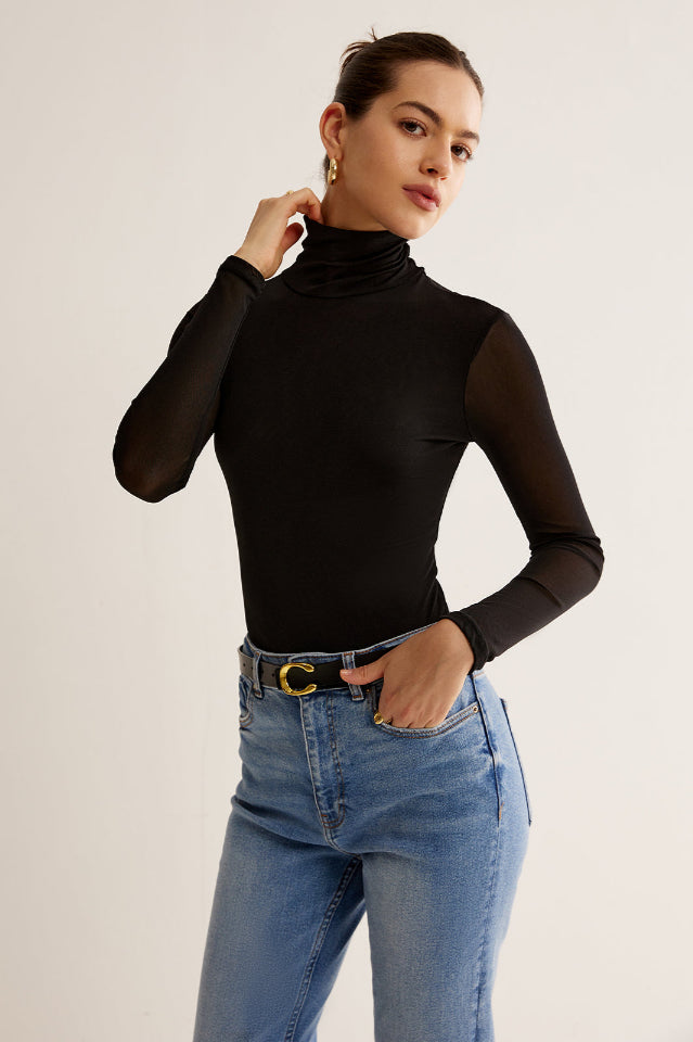 Turtleneck Sheer Sleeve Jersey Üst