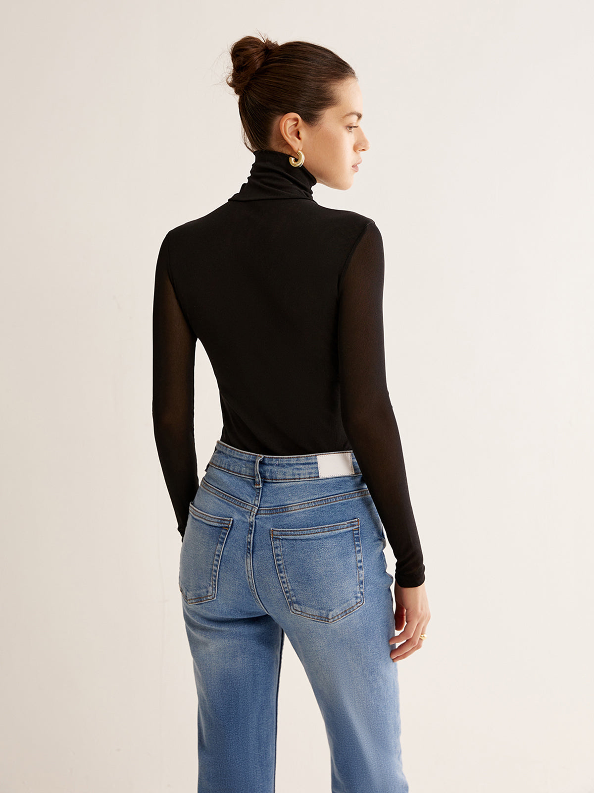Turtleneck Sheer Sleeve Jersey Üst